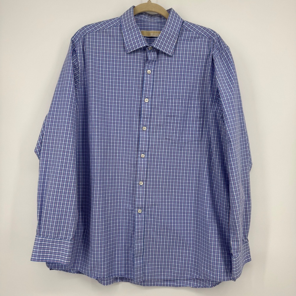 Michael Kors Mens Dress Shirt 17 34/35 Blue Red Plaid Long Sleeve - Picture 4 of 7